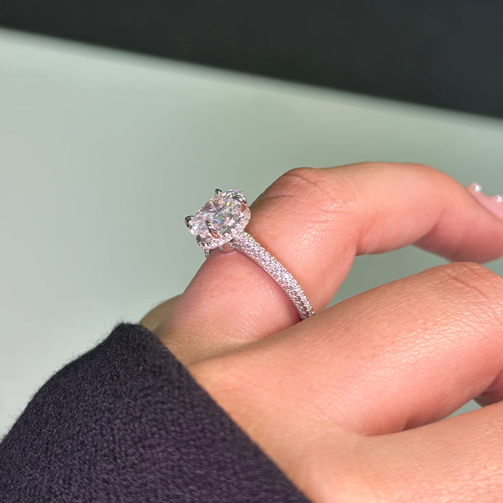 2.5ct Oval Cut Three Row Pavè Moissanite Engagement Ring