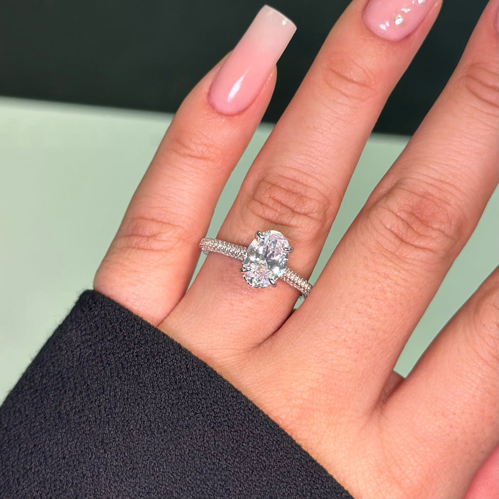 2.5ct Oval Cut Three Row Pavè Moissanite Engagement Ring