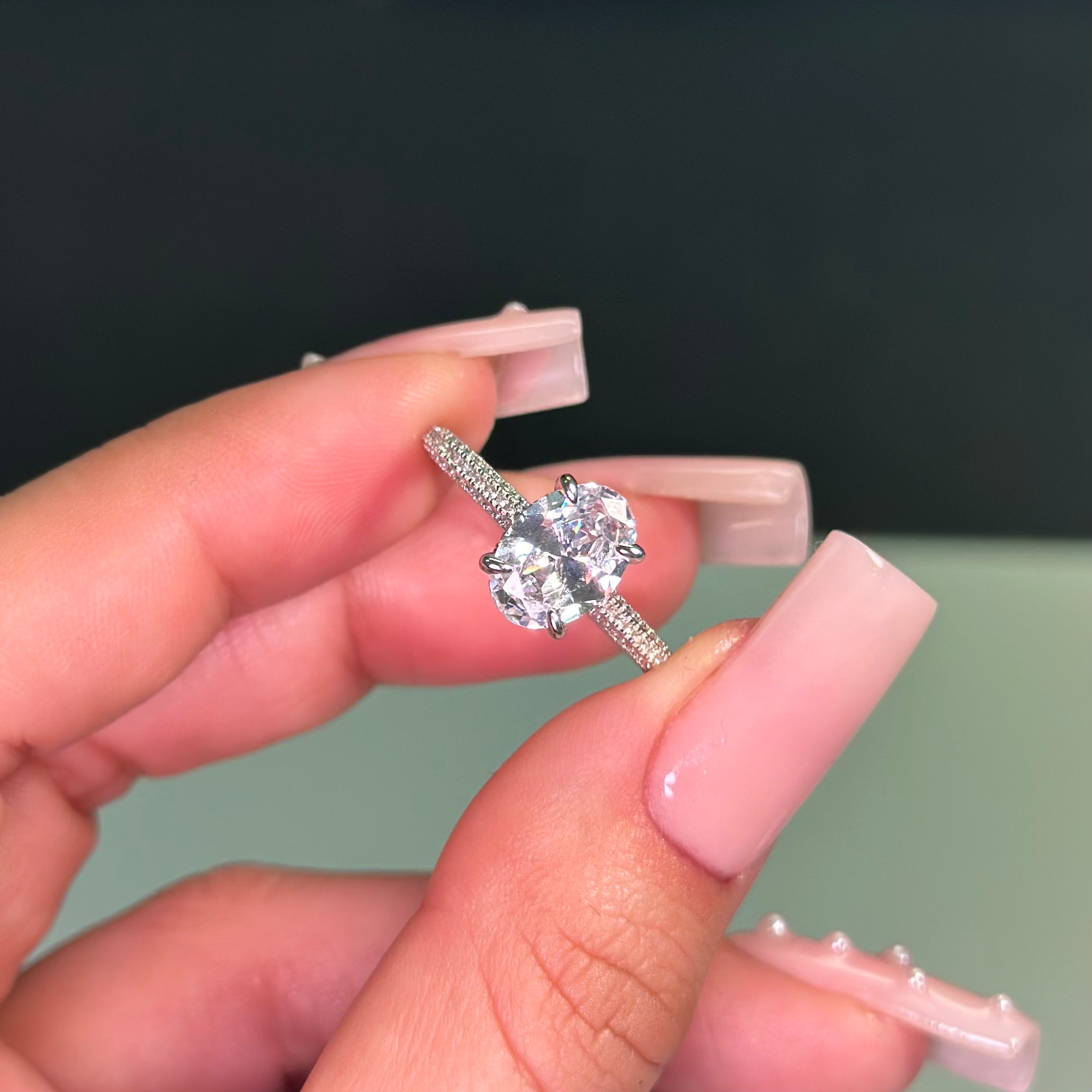 2.5ct Oval Cut Three Row Pavè Moissanite Engagement Ring