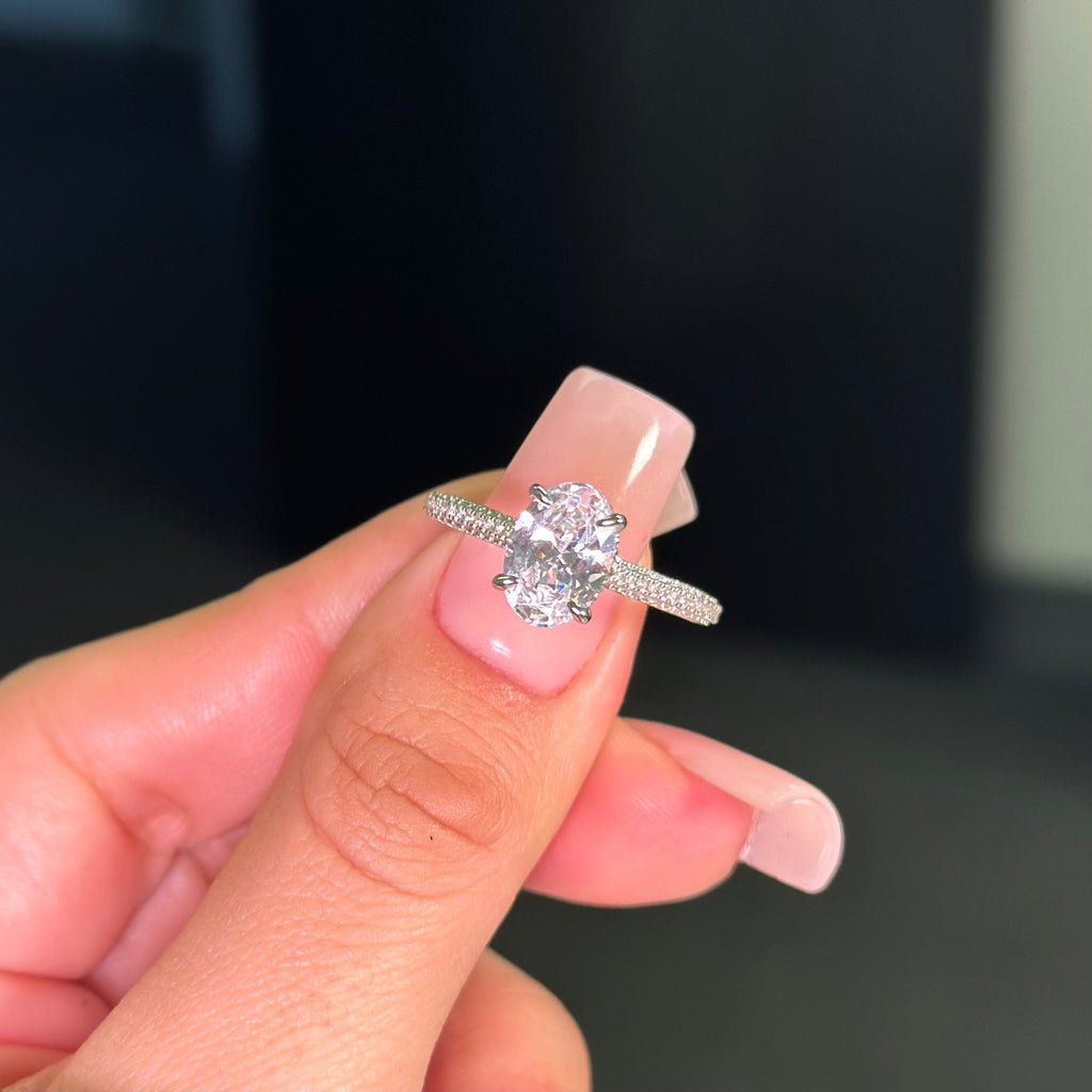 2.5ct Oval Cut Three Row Pavè Moissanite Engagement Ring