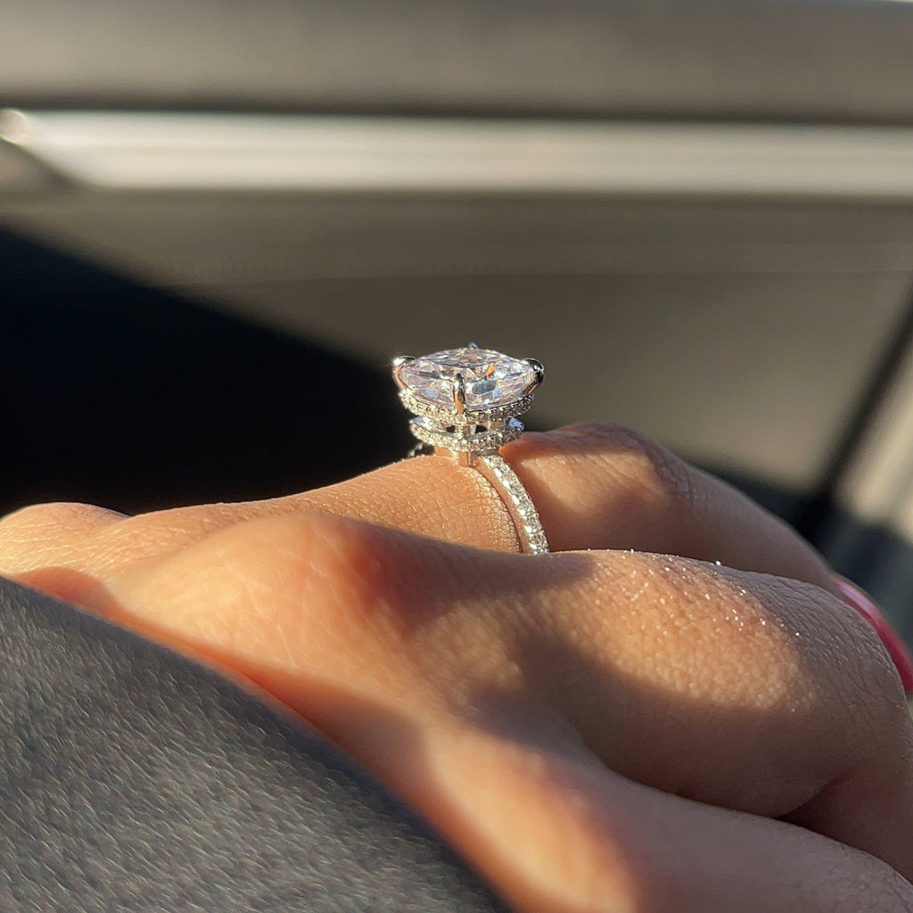 4.0ct Cushion Cut Moissanite Diamond Double Hidden Halo Engagement Ring