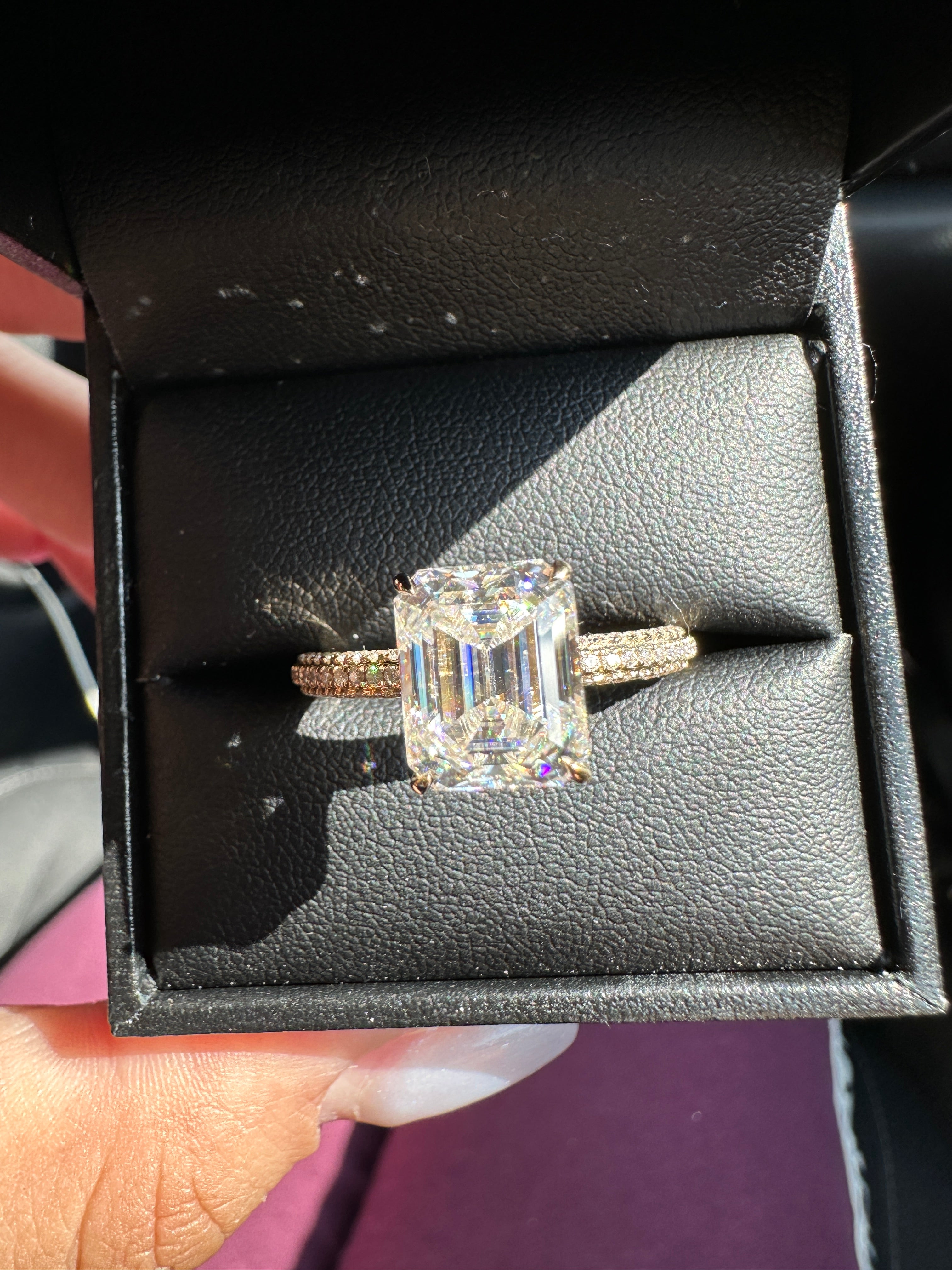 3.0ct Emerald Cut Moissanite Diamond Pavè Three Row Band Engagement Ring