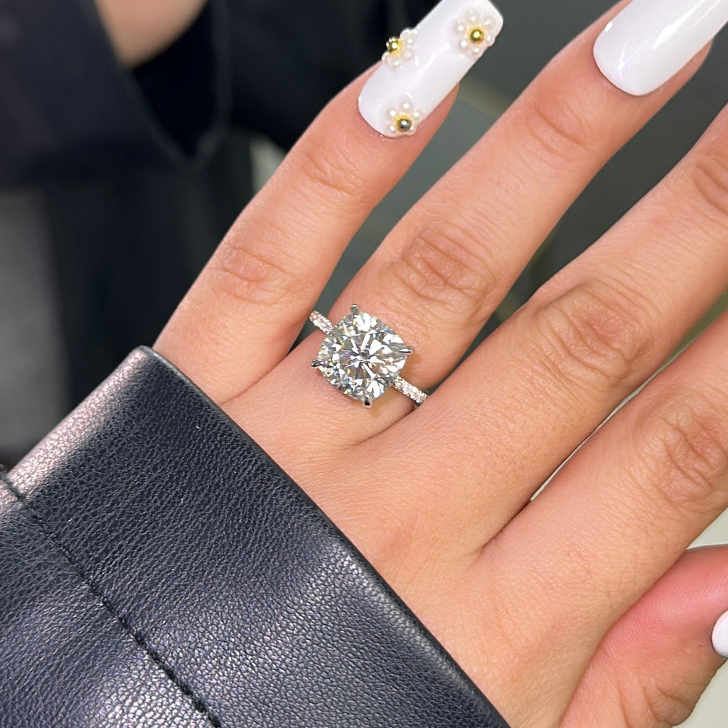 4.0ct Cushion Cut Moissanite Diamond Double Hidden Halo Engagement Ring