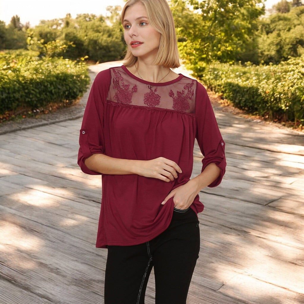 3/4 Sleeve Loose Fit Top with Sheer Floral Lace Yoke and Button Tab Sleeves