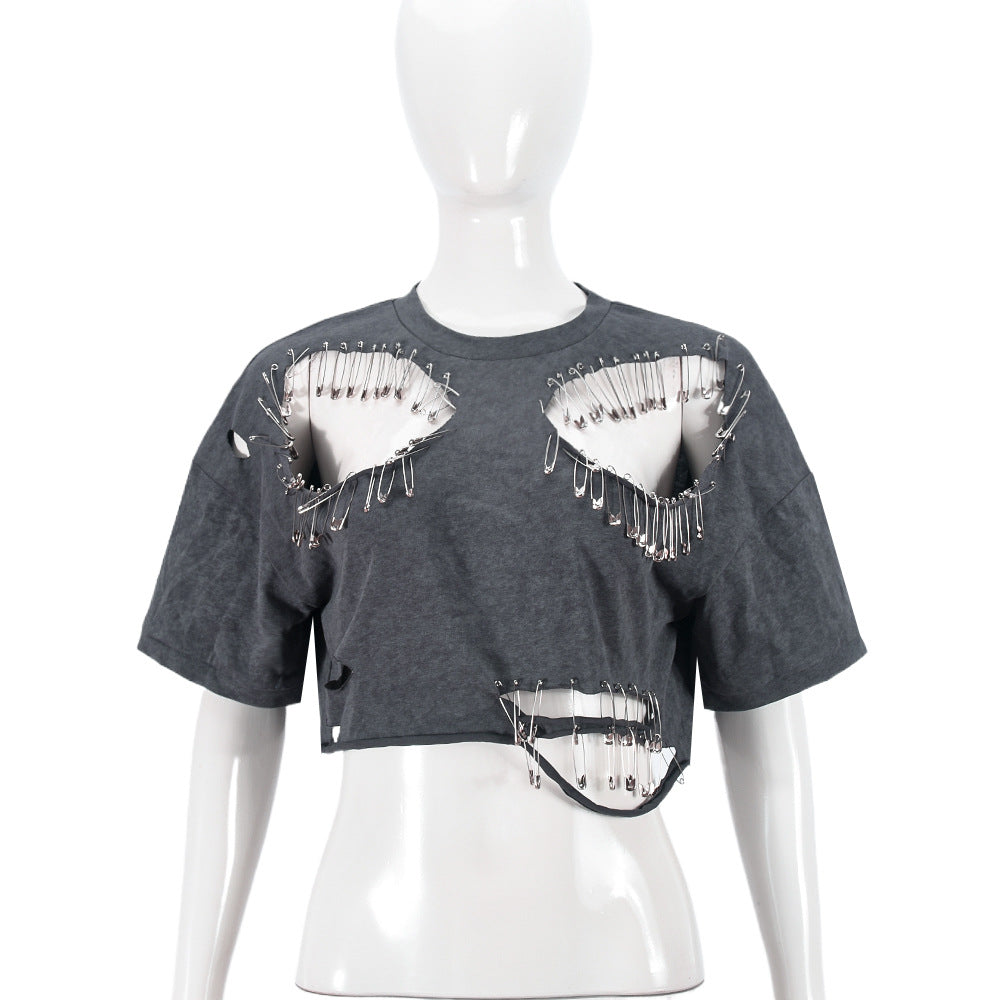 Autumn round Neck Hollow Out Cutout out Irregular Asymmetric Street Hipster T shirt