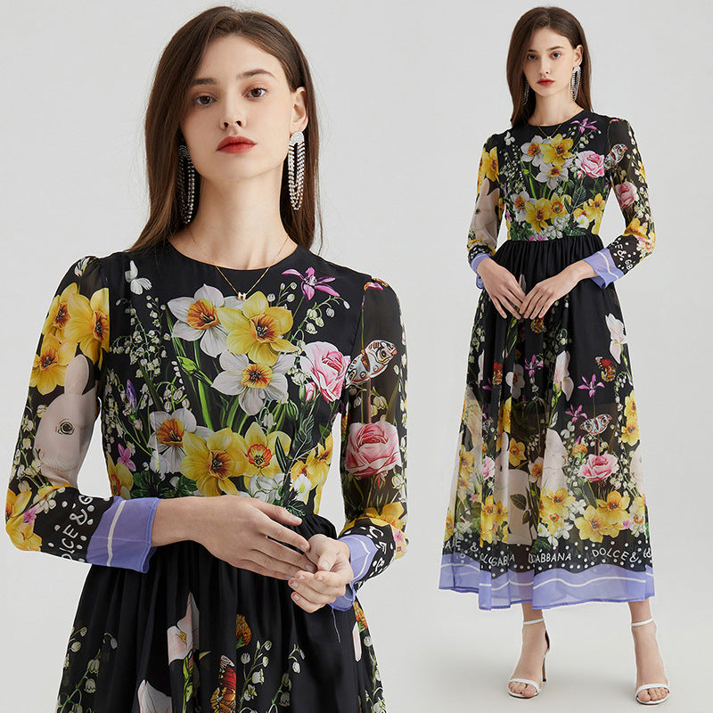 Artificial Silk Elegant Romantic Printed Round Neck Big Hem A- Line Skirt