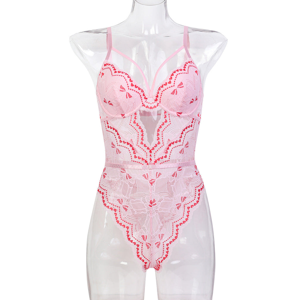 Back Hip Bow Hollow Out Cutout Sexy Jumpsuit Lace Contrast Color Chest Strap Not Transparent Inner Wear Blouse Euro Women