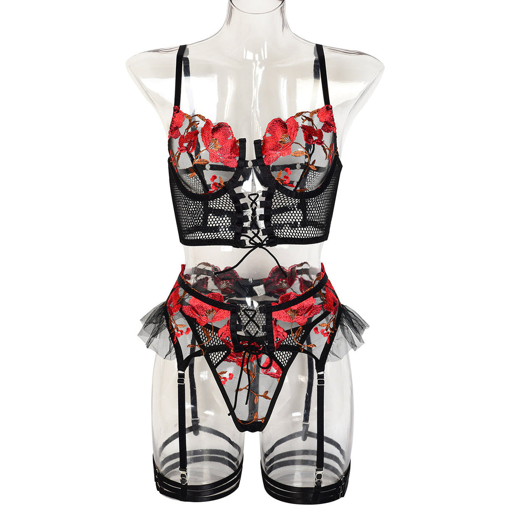 Best Women Clothes Sexy Lingerie Embroidered Floral Lace up Cross Hollow Out Cutout Mesh Four Piece Set