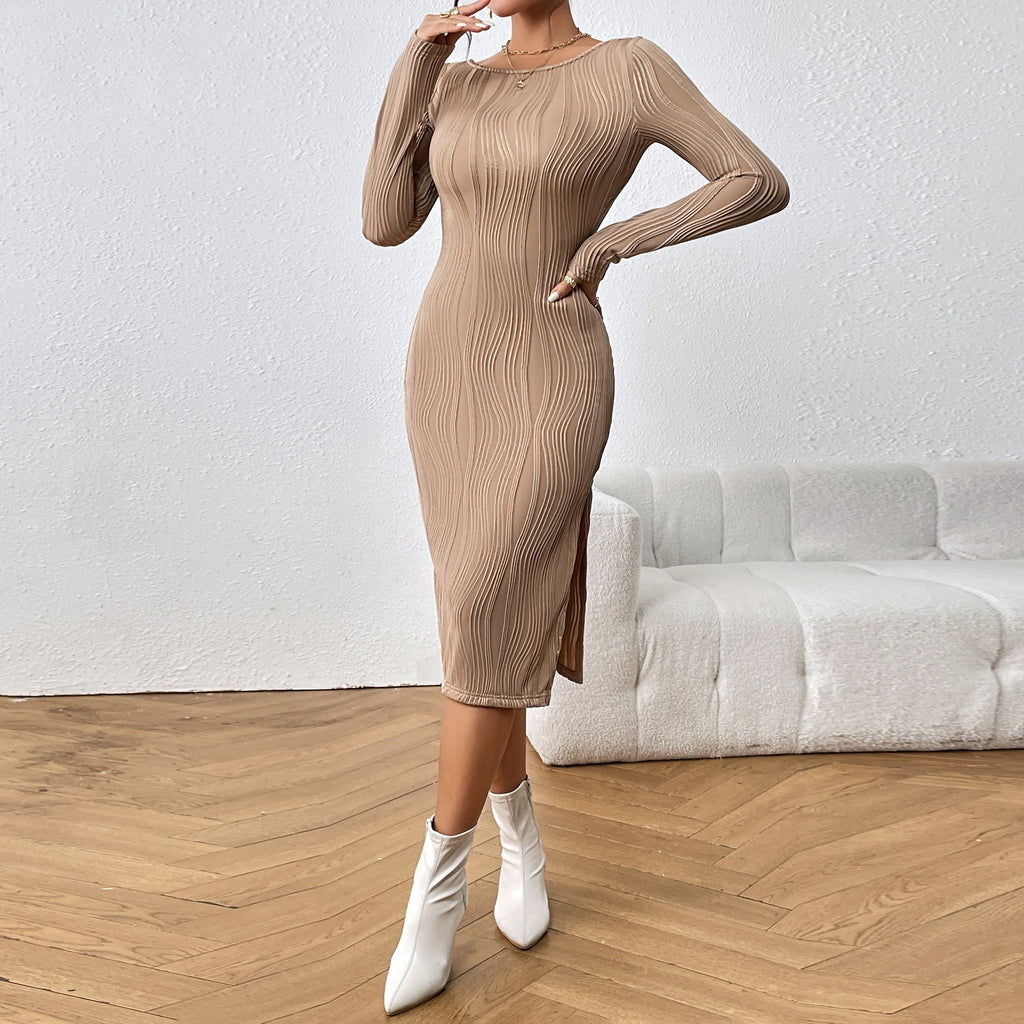 Backless Round Neck Slim Fit Slimming Slit Sheath Dress