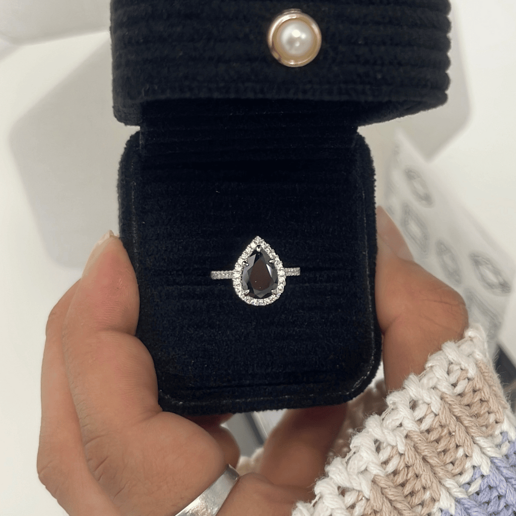 2.0ct Pear Cut Black Moissanite Halo Engagement Ring