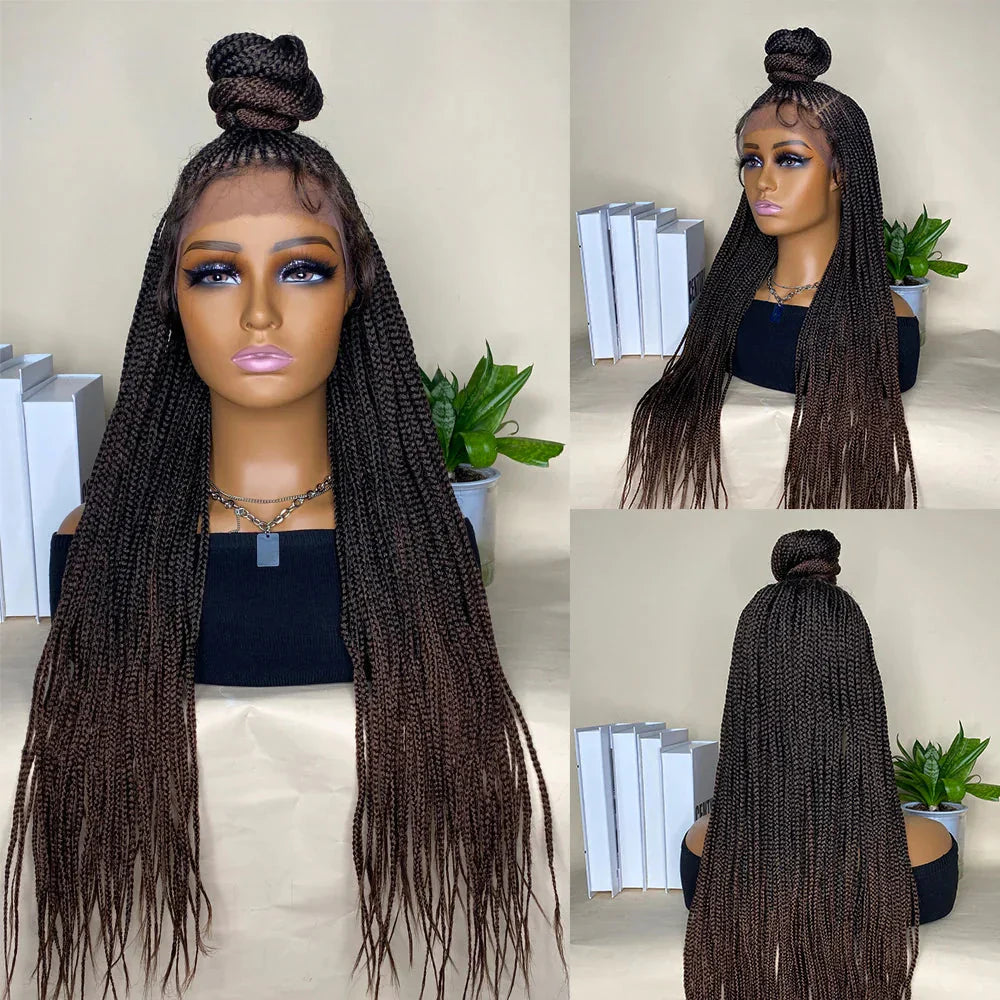 30" Bun Box Braid Lace Front Wig | 13x7" Cornrow Braids | Brown Synthetic Wig | Black Women