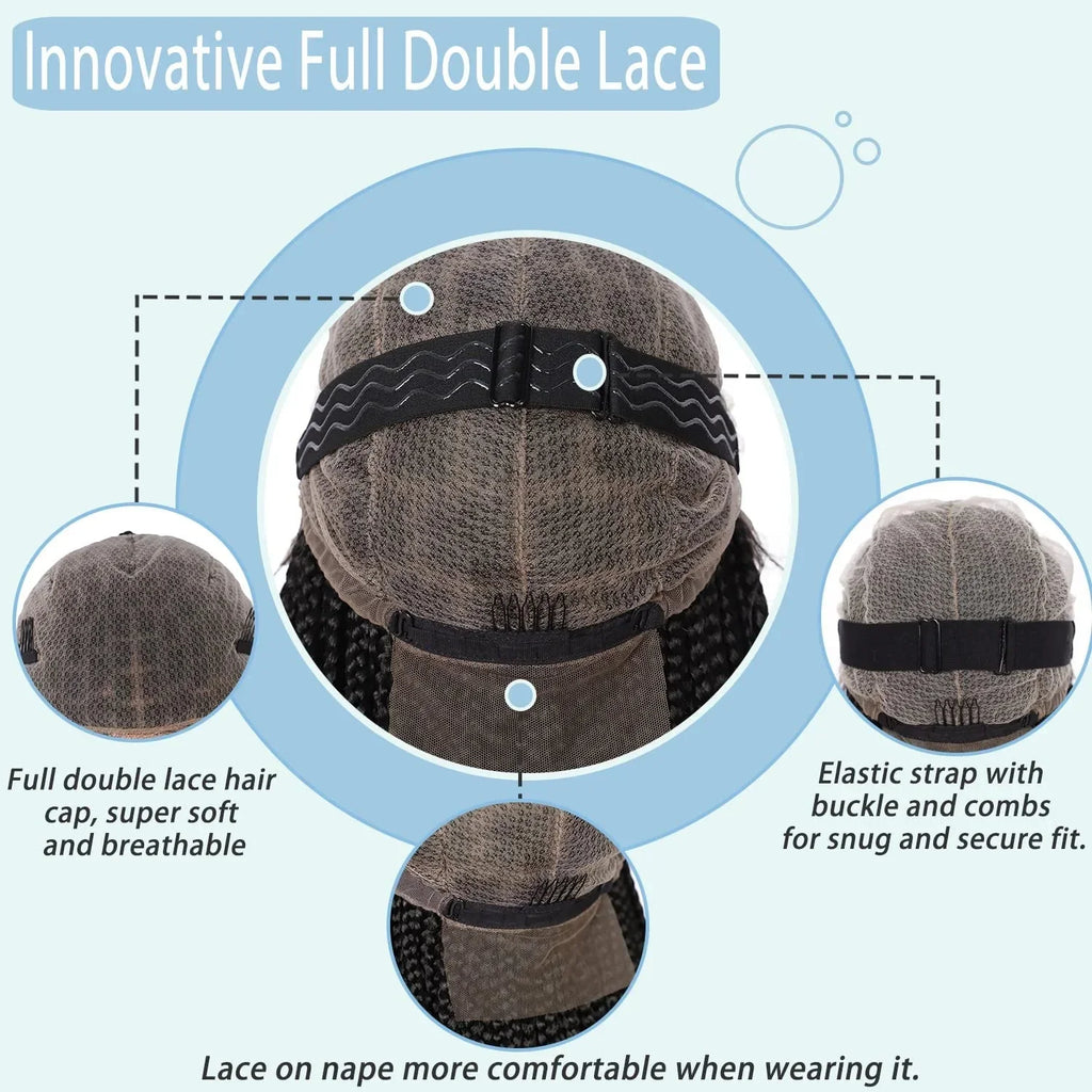 36" Ombre Burgundy Knotless Box Braid Wig | Full Double Lace Frontal | Baby Hair | Kanekalon Synthetic Wig for Women