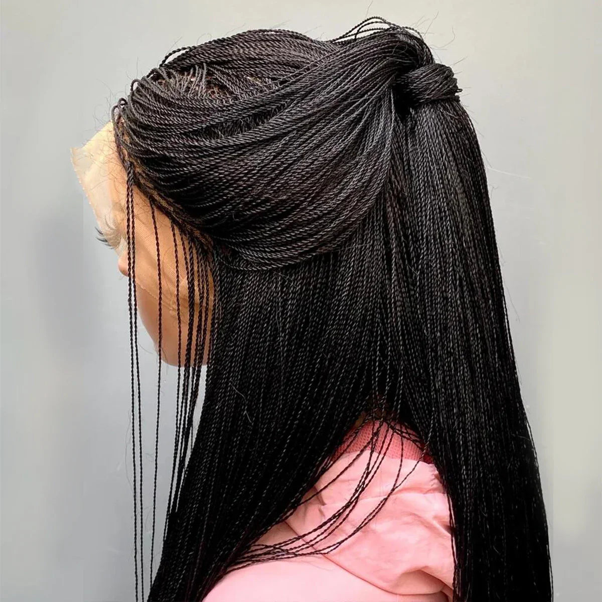 28" Micro Twist Braided Wig | 1B Black | Front Lace | Glueless | Petite Cap | For Black Women