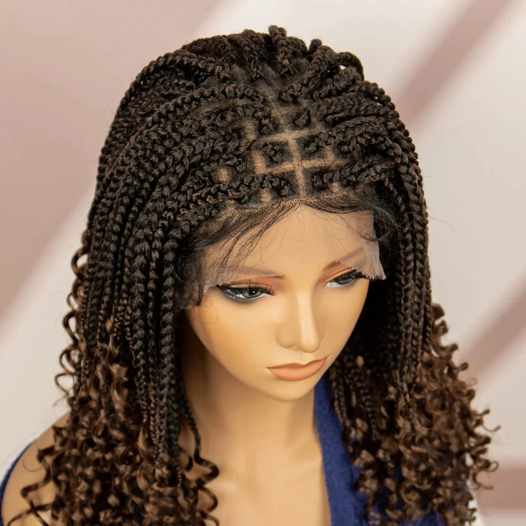 16" Short Brown Box Braided Full Lace Wig | Curly Ends | African Braids | Black Women