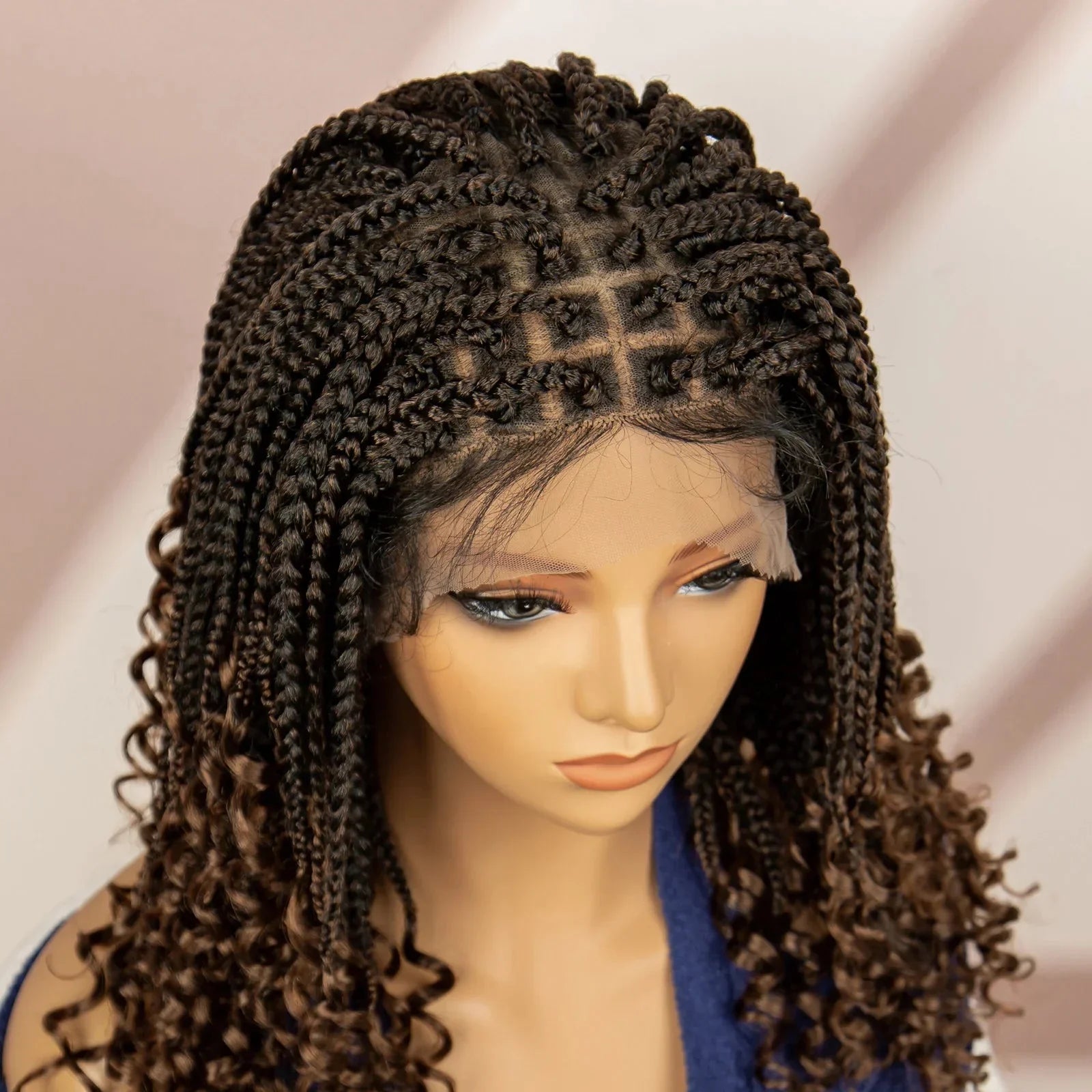 16" Short Brown Box Braided Full Lace Wig | Curly Ends | African Braids | Black Women