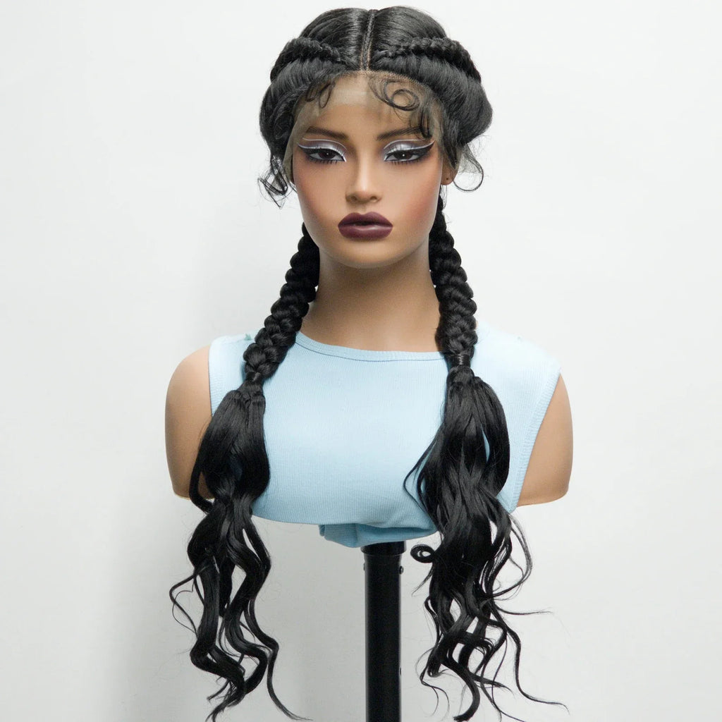 34" Twist Braids Wig | Curly Ends | Lace Front | Baby Hair | Natural Color