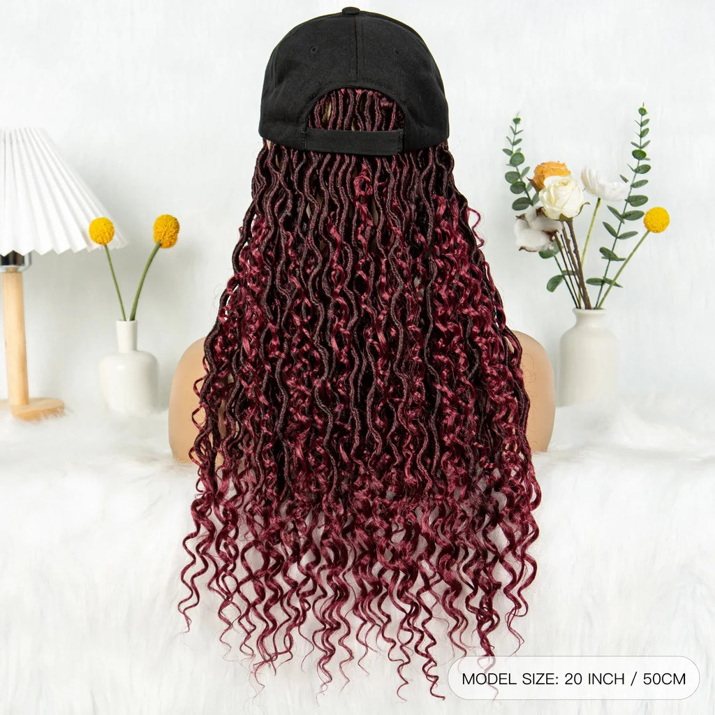 20" Burgundy Boho Locs Baseball Cap Wig | Adjustable Hat Wig | Synthetic Braids | Black Women