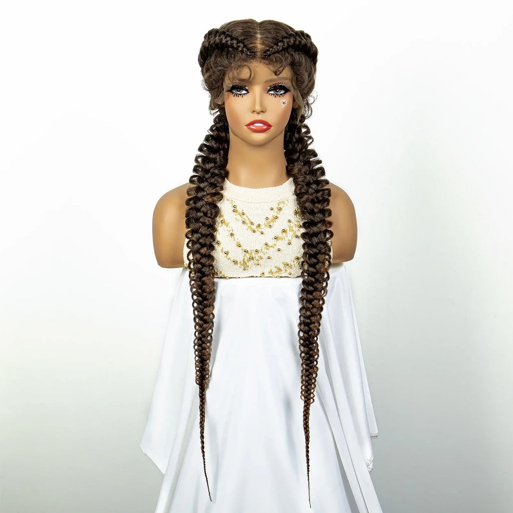 1B/30 Dark Brown Dutch Box Braids Wig | Synthetic Lace Frontal | Fishtail Braids | With Baby Hair | For Black Women