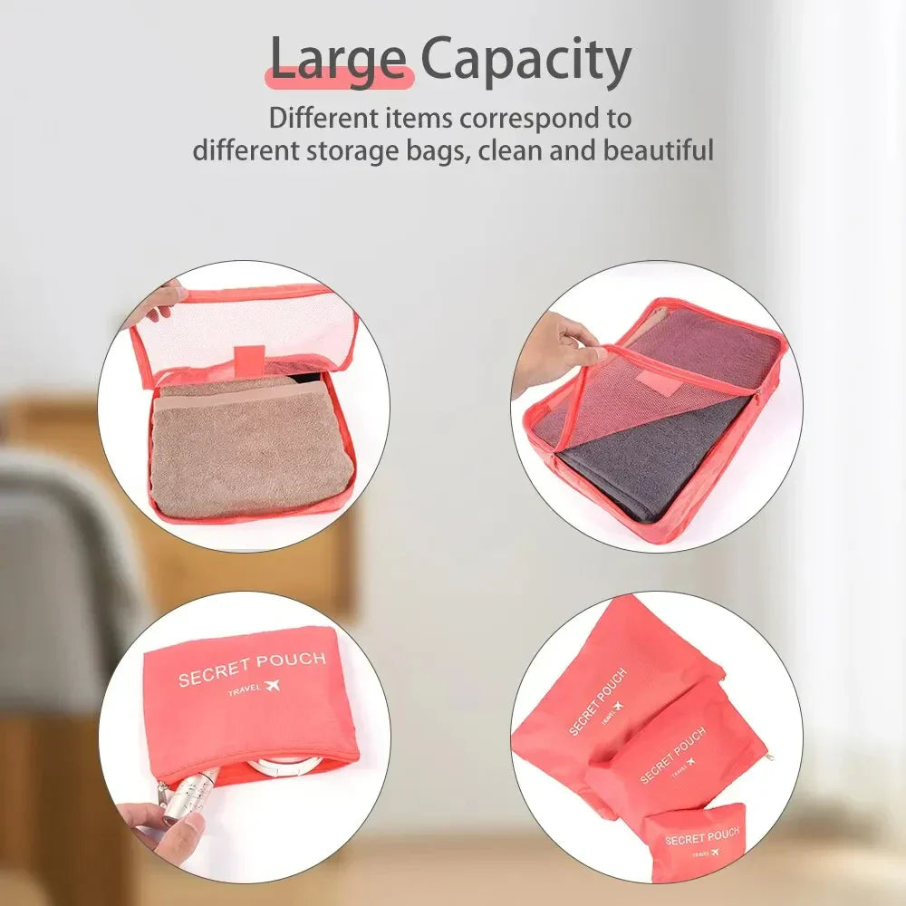 6Pcs Luggage Travel Bags | Underwear Shoes Storage Bag & Oxford Waterproof Cloth Suitcase Pouch Cube (Red Organiser for Clothing)