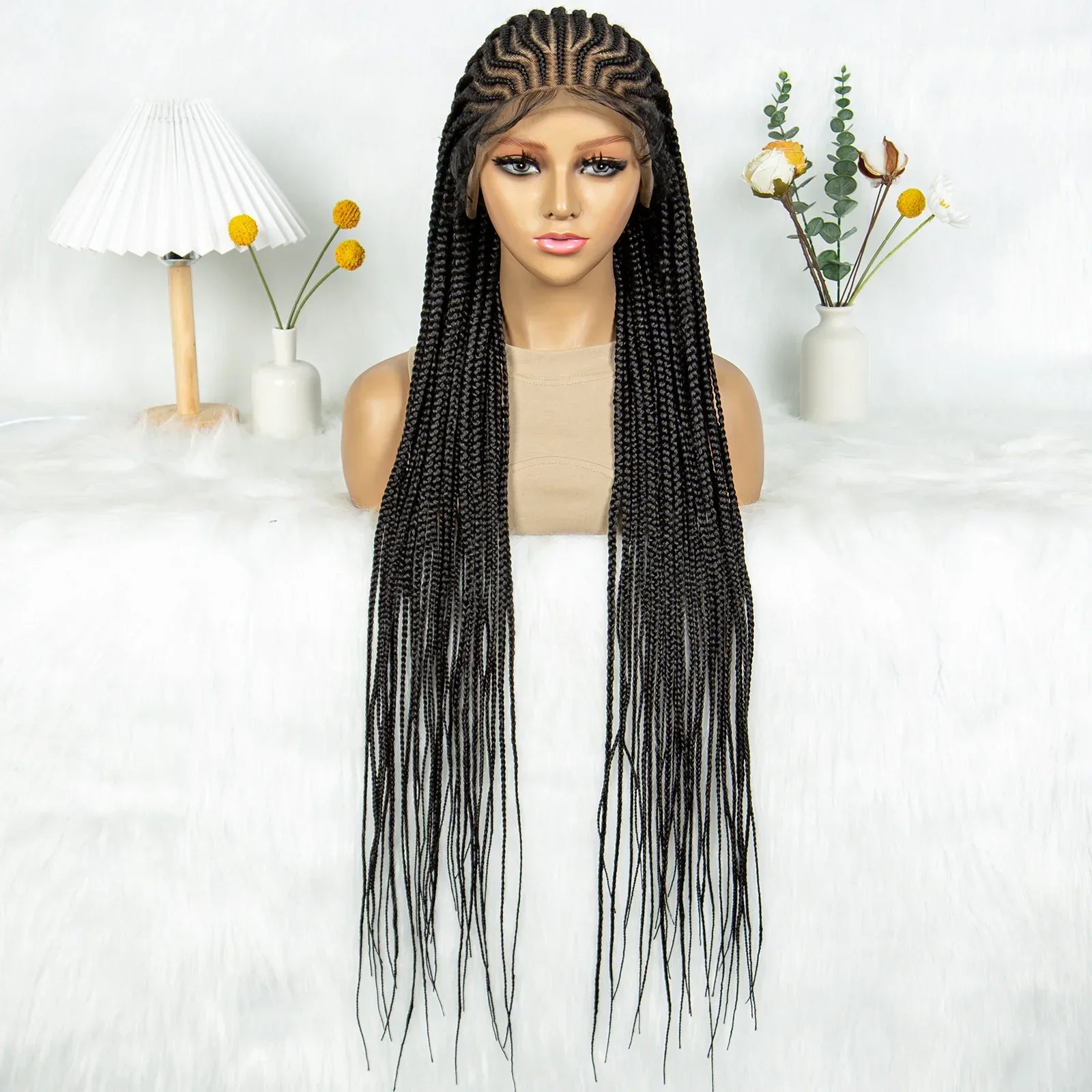 34" HD Transparent Full Lace Knotless Box & Cornrow Braids Wig