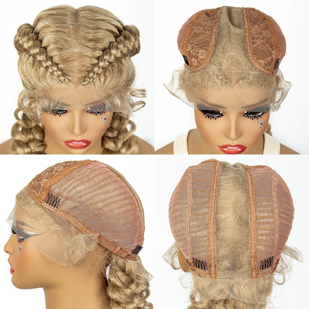 1B/30 Dark Brown Dutch Box Braids Wig | Synthetic Lace Frontal | Fishtail Braids | With Baby Hair | For Black Women