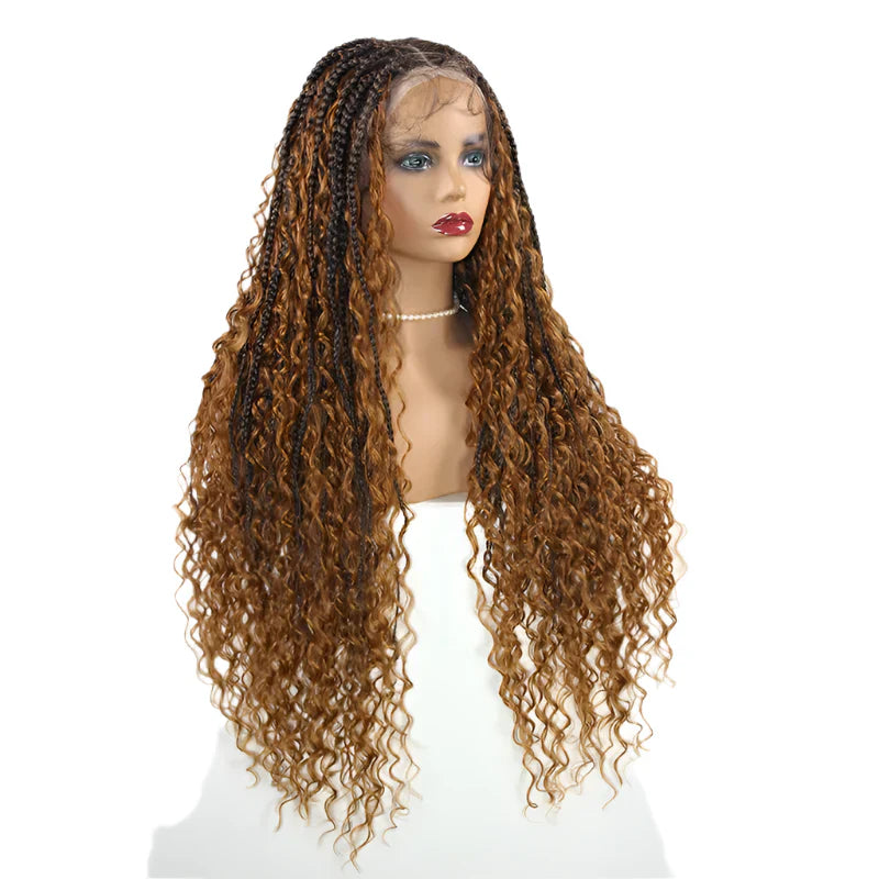 32" Box Braided Wig with Boho Curls - Knotless Braids, Cornrow Style, Lace Front Wig for Black Women (Natural Black)