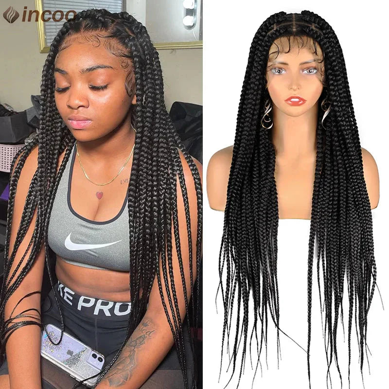 36" Jumbo Knotless Box Braided Full Lace Front Wig | Cornrows | Synthetic Braids | Black Women