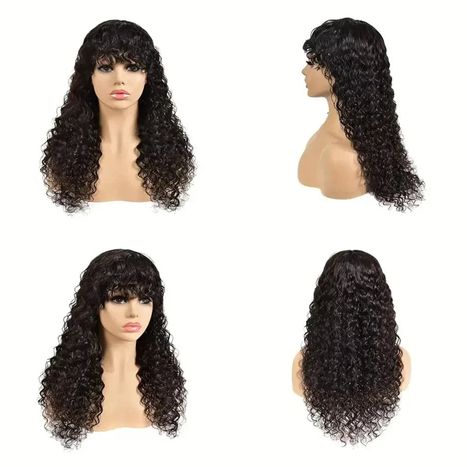 30 Inch Loose Water Wave Wig with Bangs | Full Machine Made Brazilian Remy Human Hair (Natural, All Colors Dyeable)