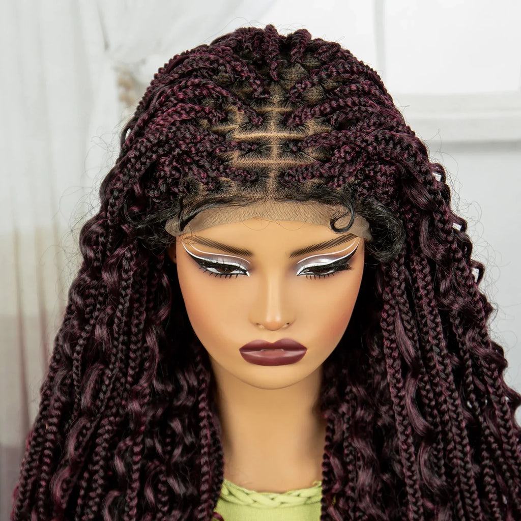 36" Knotless Box Braids Wig | Bohemian Style | Curly Ends | Lace Front | With Baby Hair | For Black Women