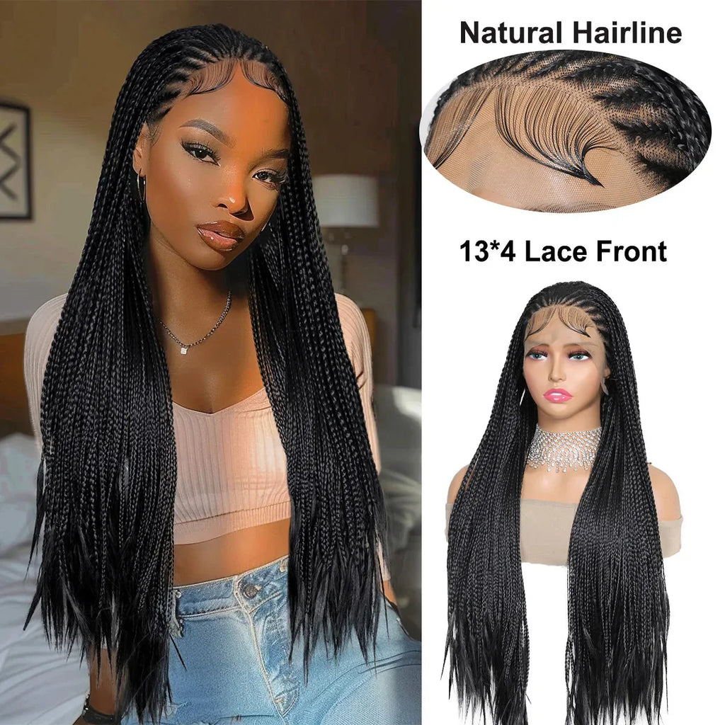 13x4 Goddess Faux Locs Braided Wig | Knotless Twist Box Braids | Long Synthetic Lace Front | Bleached Knots
