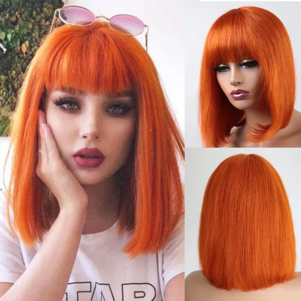 180D Orange/Ginger & Blonde Straight Human Hair Bob Wig with Bangs | Full Machine Made Remy for Women (P4/30, 613, 99J, T1B/27)