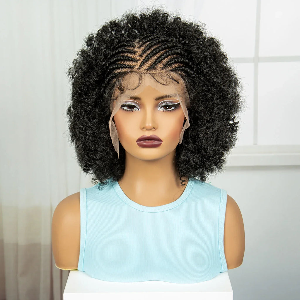 8" Short Afro Kinky Curly Cornrow Braids Wig | Full Lace | Baby Hair