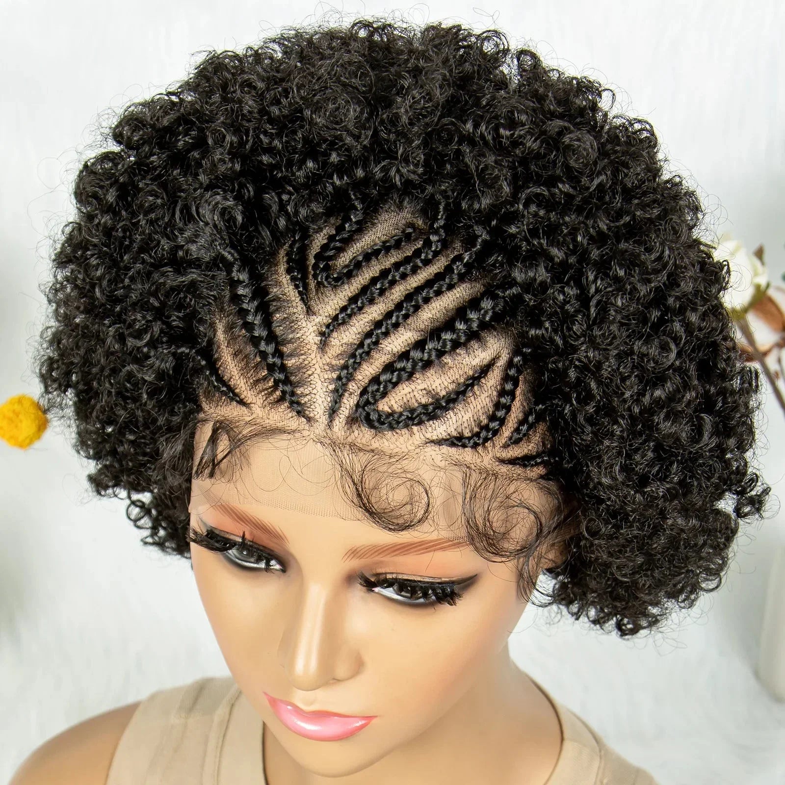 8" Afro Kinky Curly Bob Braided Wig | 13x4 Lace Frontal | Half Cornrows | Synthetic Braids for Black Women