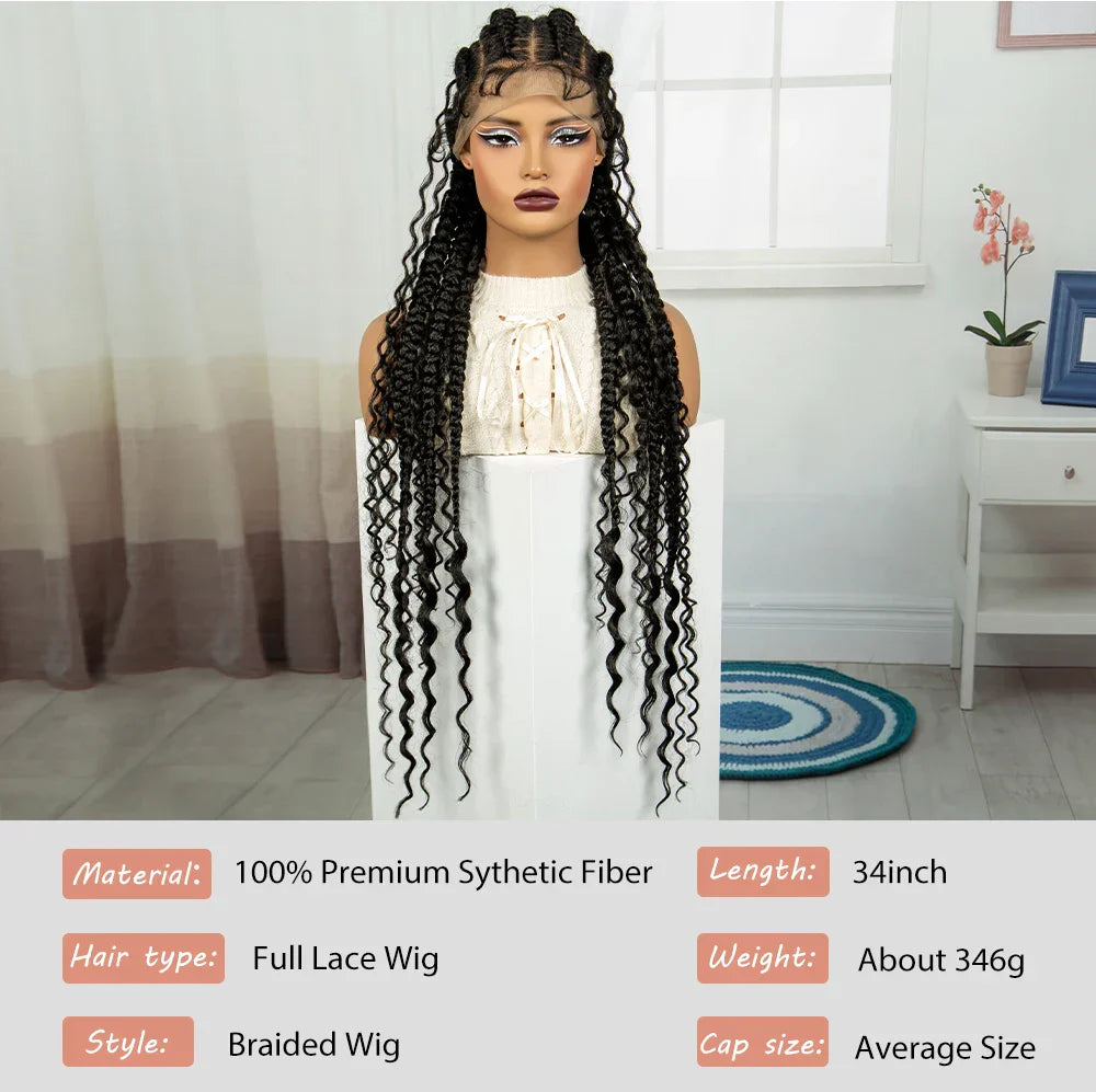 34" Cornrow & Twist Braids Wig with Curly Ends | Full Lace Frontal