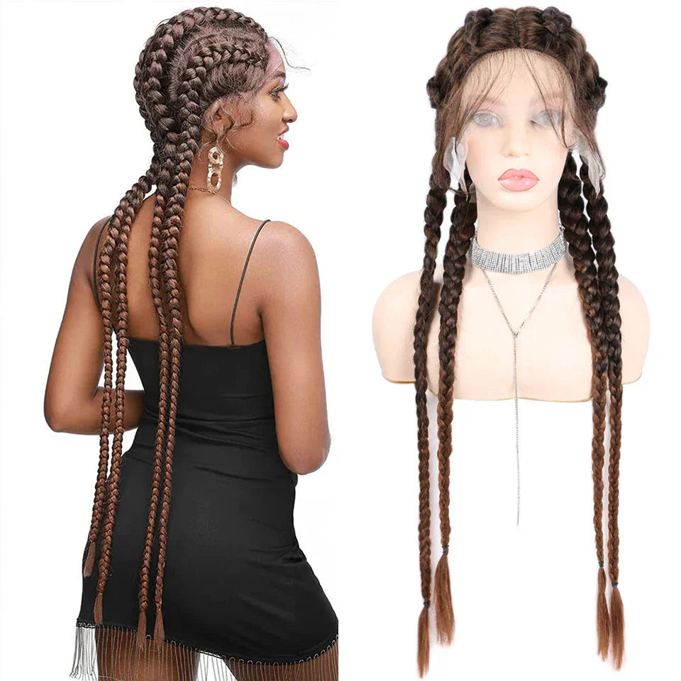 32" Hand-Made Knotless Box Braided Lace Front Wig | French Braid | Baby Hair | Glueless Synthetic Wig