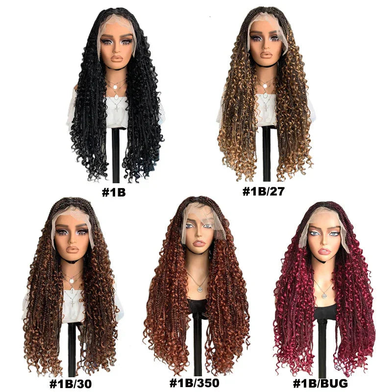 22" Curly End Box Braided Full Lace Front Wig | Goddess Locs | Bohemian Braids | Synthetic Wig