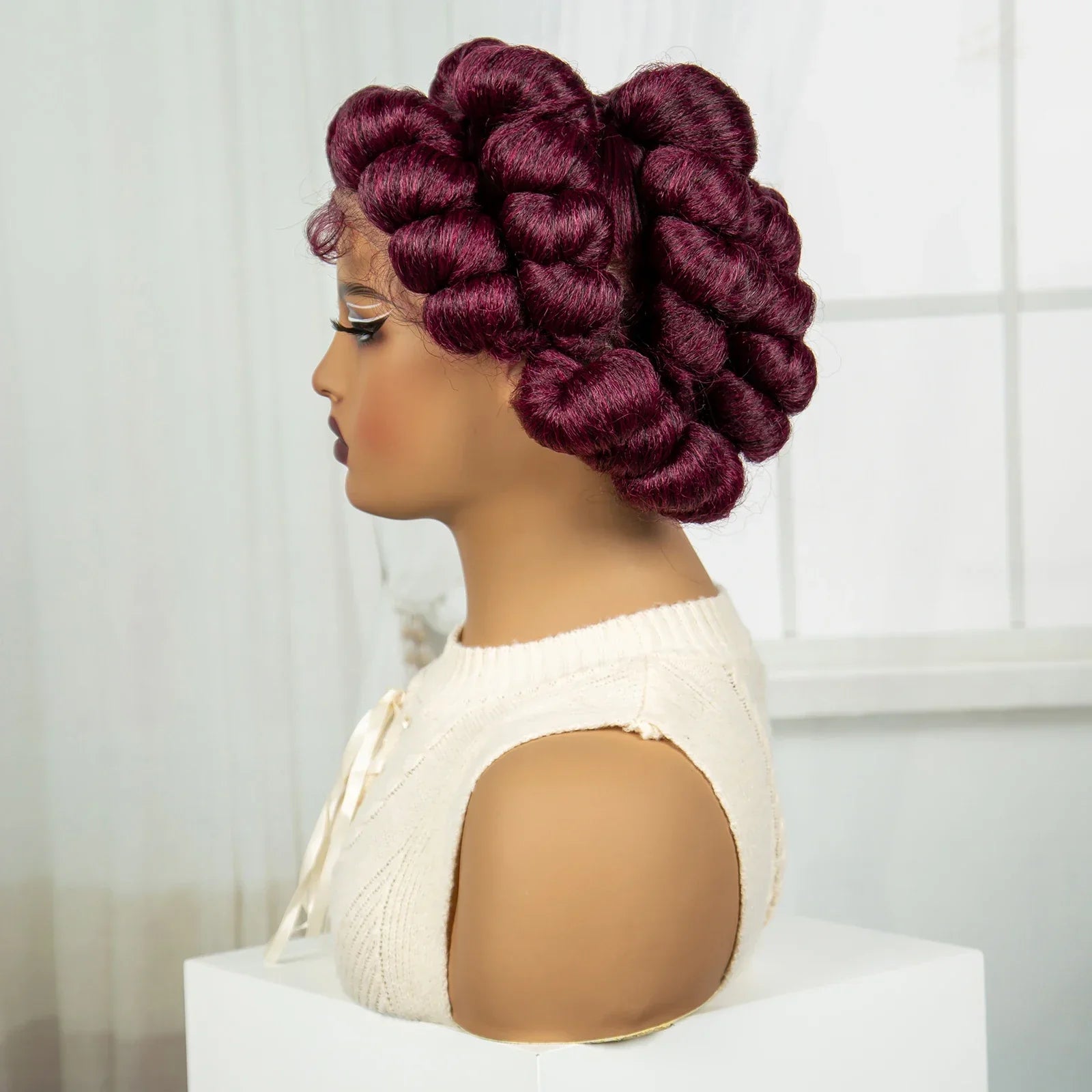 6" Short Cute Burgundy Bantu Knotless Braids Wig | Transparent Full Lace