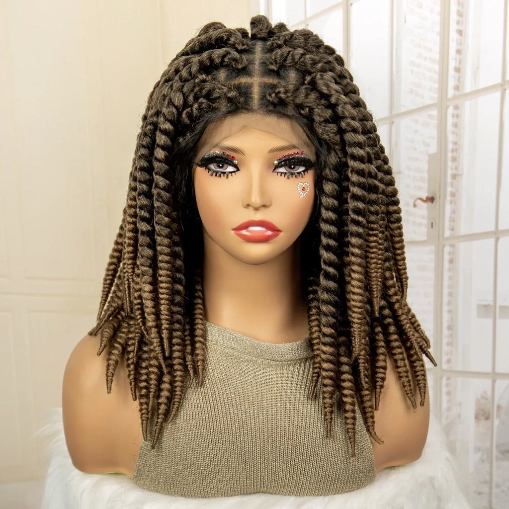 16 Inch Brown Twisted Braided Bob Wig | Full Lace | Kanekalon Fiber | For Black Women