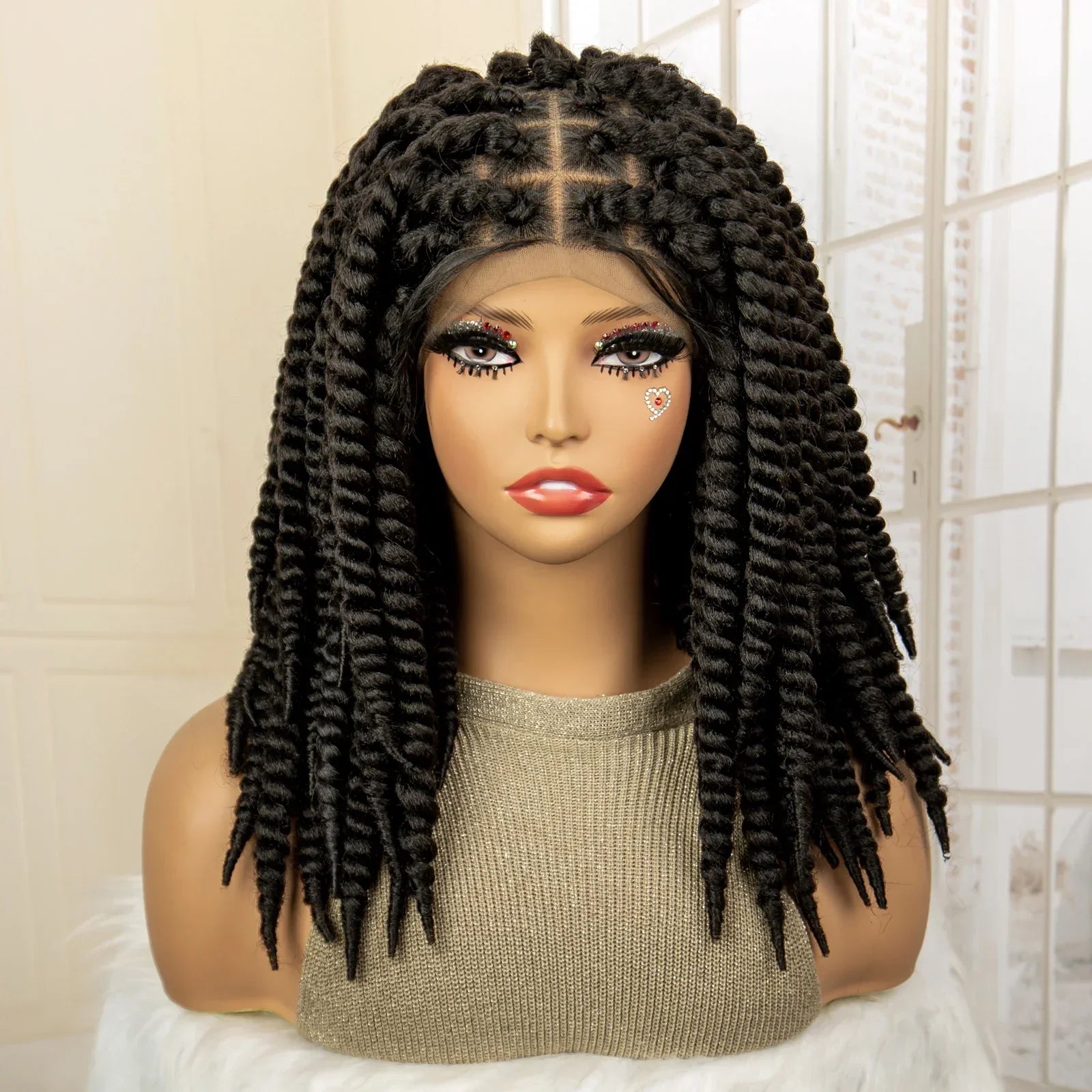 16 Inch Brown Twisted Braided Bob Wig | Full Lace | Kanekalon Fiber | For Black Women