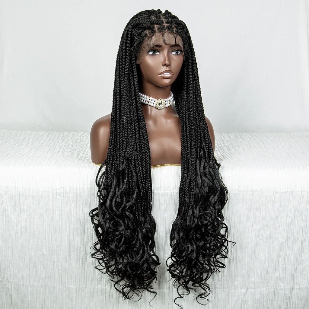 36" Water Wave Braided Wig | Lace Front | Baby Hair | Long Braids