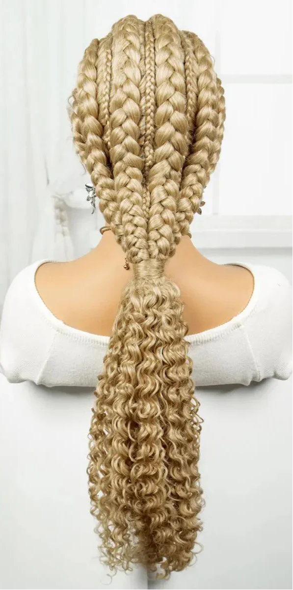 28" Burgundy Knotless Braids Wig with Curly Ends | Lace Front | Baby Hair