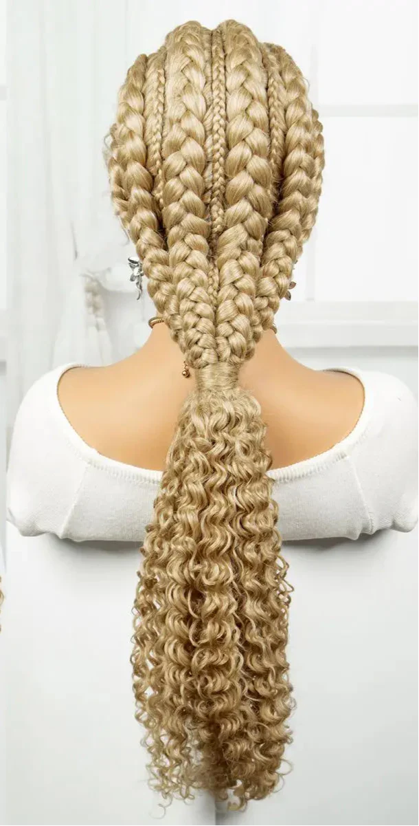 28" Blonde Knotless Cornrow Braids Wig with Curly Ends | Lace Frontal | Baby Hair