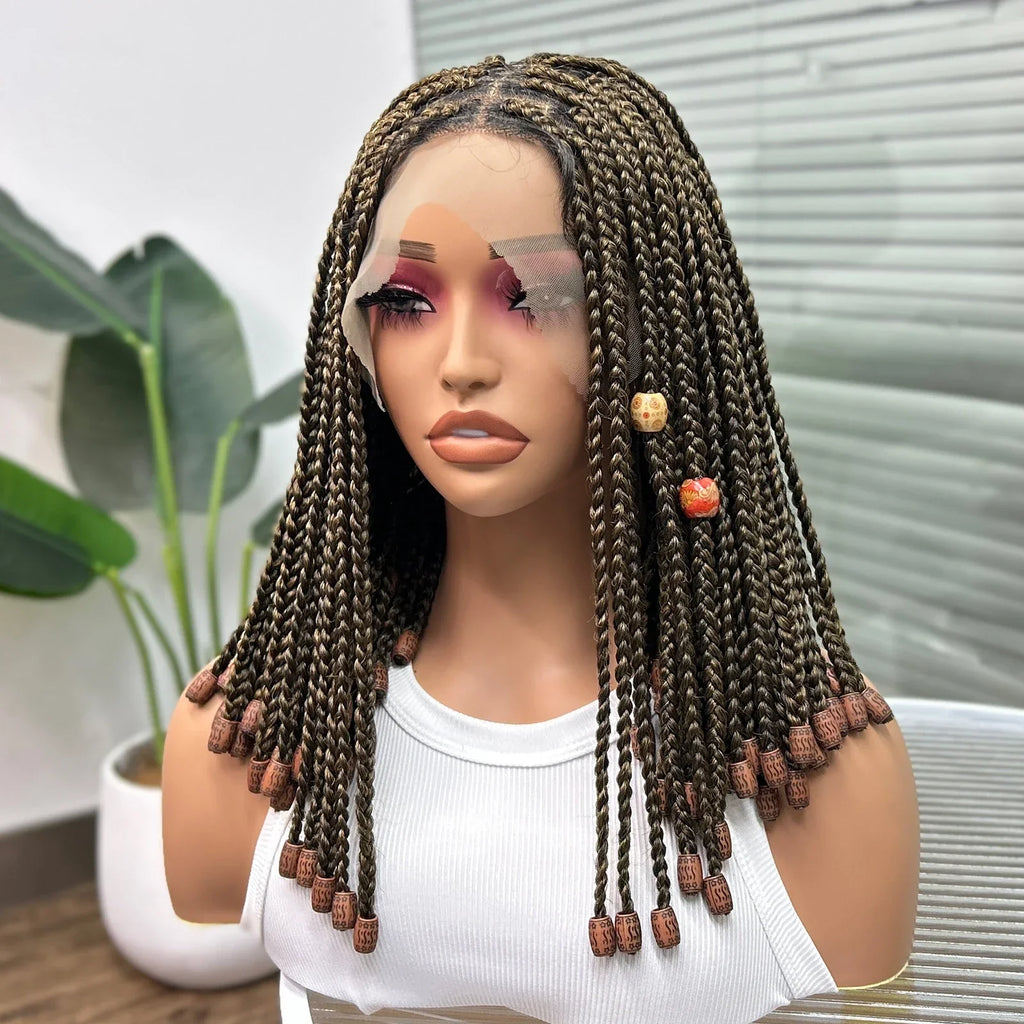 14" Short Bob Box Braided Wig with Beads | Knotless Braids | Synthetic Lace Front Wig | Baby Hair