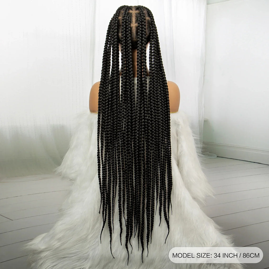 34" Knotless Box Braids Full Lace Wig | Long Black Synthetic Braids | Transparent Lace