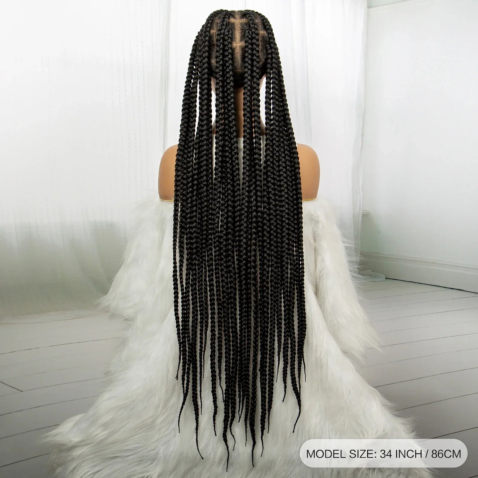 34" Knotless Box Braids Full Lace Wig | Transparent Lace | Long Black Synthetic Braids | Black Women