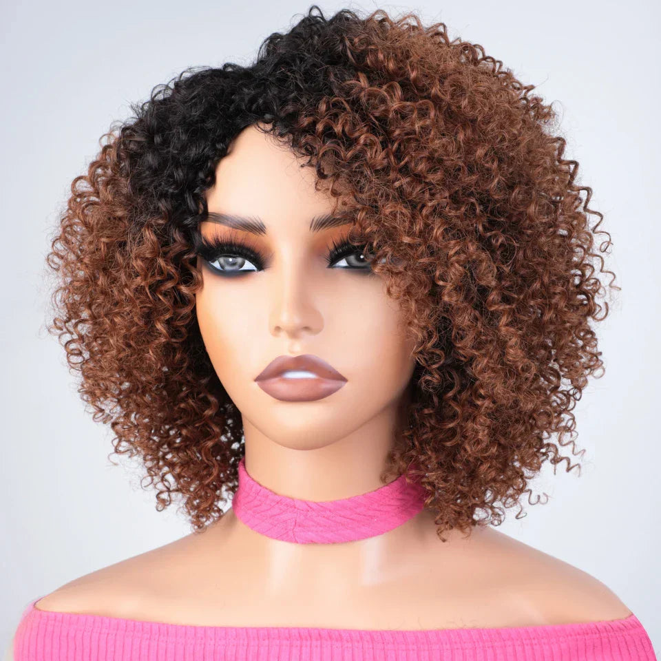 Afro Kinky Curly Black & Ombre T1B/30 Human Hair Wig | Brazilian Remy Machine Made Glueless Wigs for Women (Affordable)