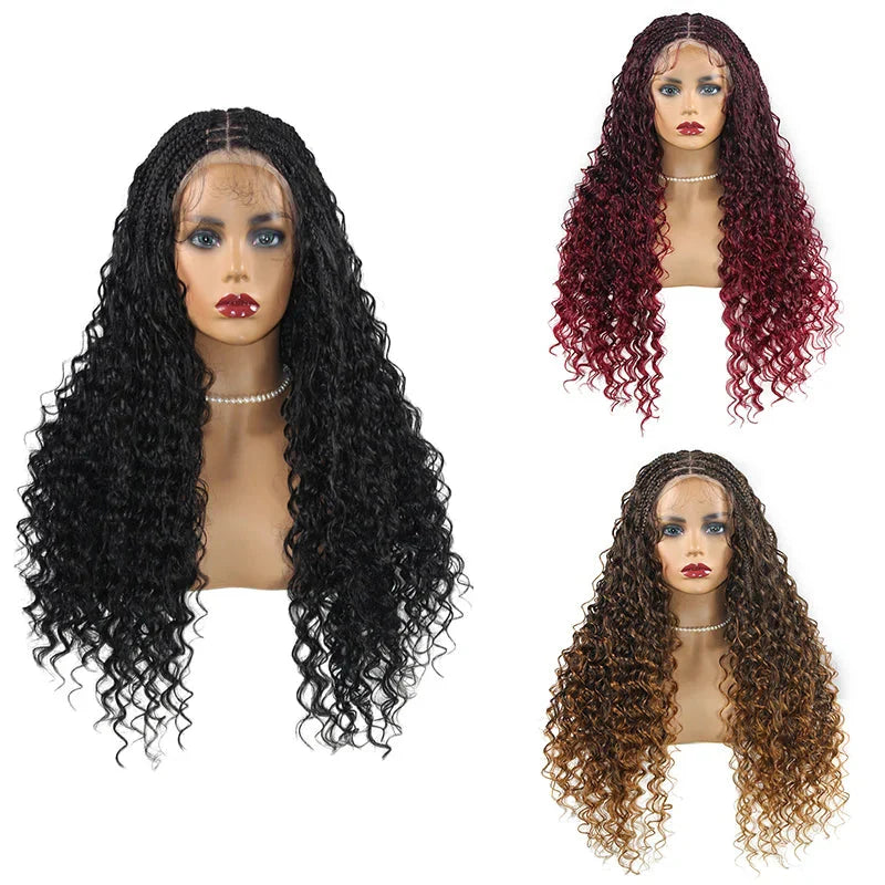 24" Boho Box Braids Lace Frontal Wig | Deep Wave Goddess Braids | Curly Ends | Black Full Lace Synthetic Wig