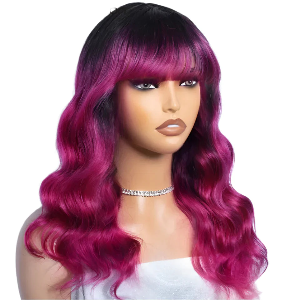 22" Body Wave Wig with Bangs | Full Machine Made Brazilian Virgin Remy Human Hair