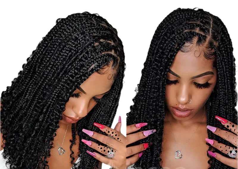 12" Bohemian Cornrow & Knotless Box Braids Bob Wig | Curly Goddess Ends | Full Lace Front