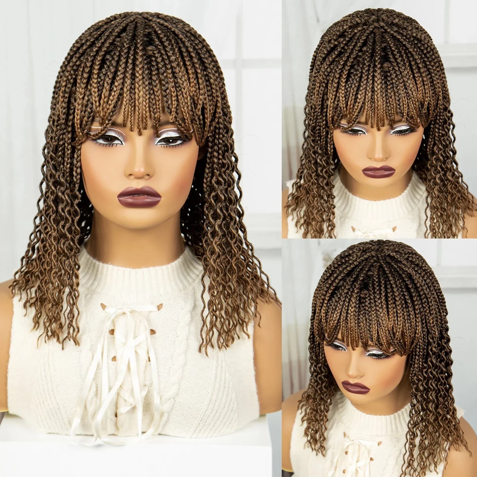 14" Curly Knotless Box Braids Wig | 1B-30 Ombre | Machine Made Synthetic Braids | Black Women